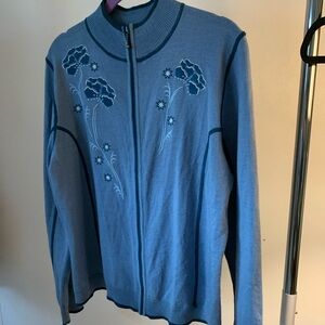 Cabellas Blue Floral Embroidered Women's Cardigan. Wool blend